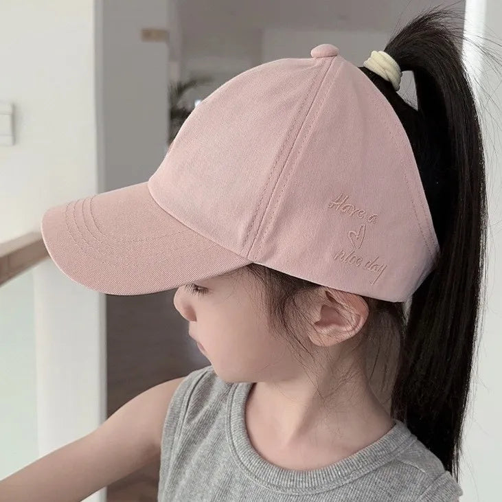 Embroidery Heart Kids Empty Top Hats Korean Girl Summer Sunshade Ponytail Baseball Caps Solid Color Outdoor Children Sun Hats