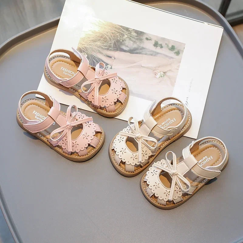Girls Baby Sandals Summer Bow Beige Soft Girls Walking Shoes 2-12 Years Old Pink Fashion Non-slip Children Sandals Baby Shoes