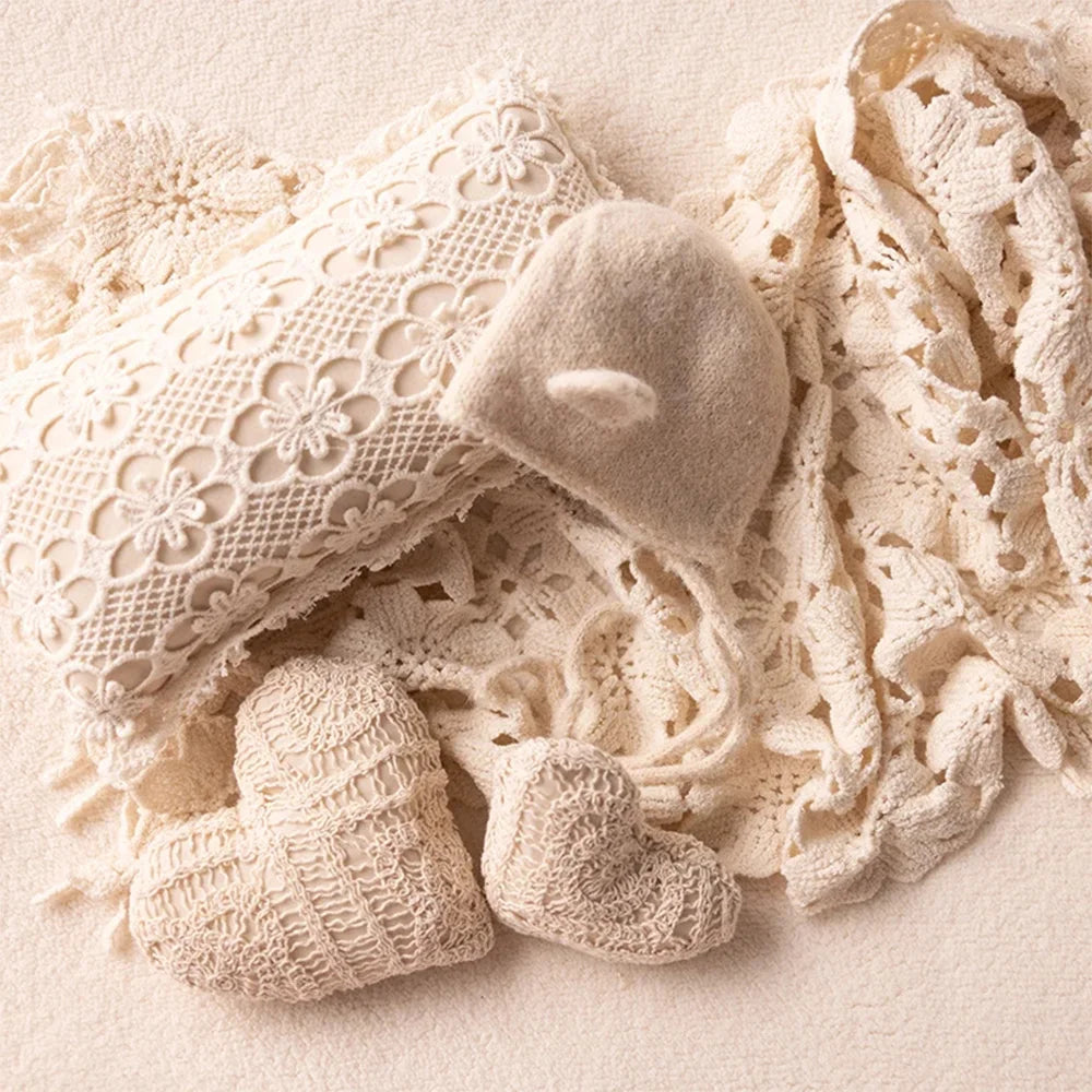 Baby Photography Costume Knitted Long-Sleeved Jumpsuit+Bear Ear Hat Teddy Bear Doll Photo Props Lace Pillow Shooting Accessories