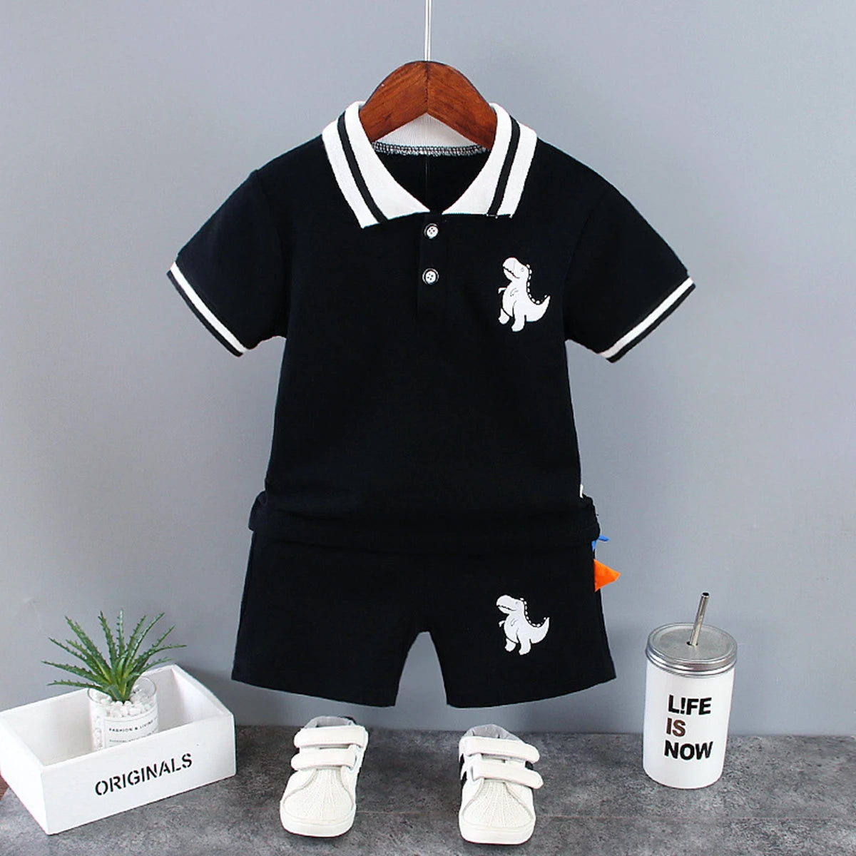 Summer Children Clothes Baby Boys Clothes Set Dinosaur Printed Turn-down Collar T-Shirts Tops+ Shorts 2PCS/Suit Infant Clothing