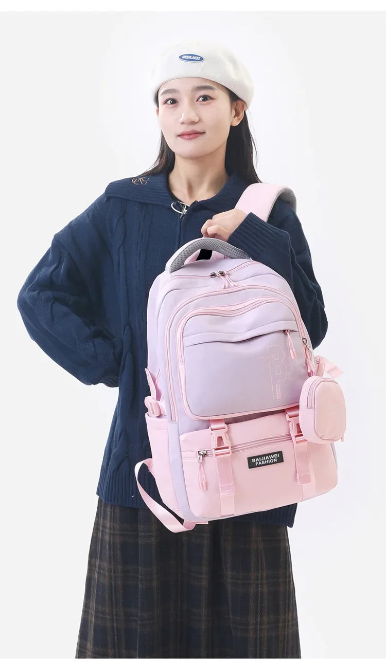 Macaron Color-Block Girls' School Backpack – Premium Large-Capacity Bag with Rainbow Zipper for Kids and Teen Students