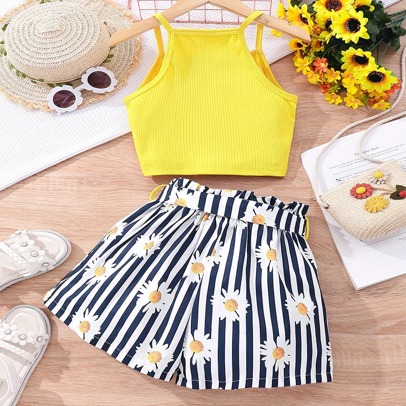 Two Piece Summer Girl Girl Cool And Breathable Cute Camisole Vest Printed Shorts Casual Princess Birthday Party Costume Set