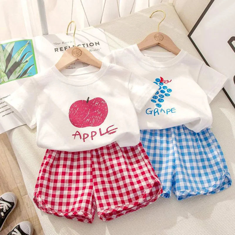 Baby Girls Set Summer Children Clothing Sets Plaid Shorts Short Sleeve T-Shirt Baby Girl Clothes Sweet Cute Outfits for 2-4Years