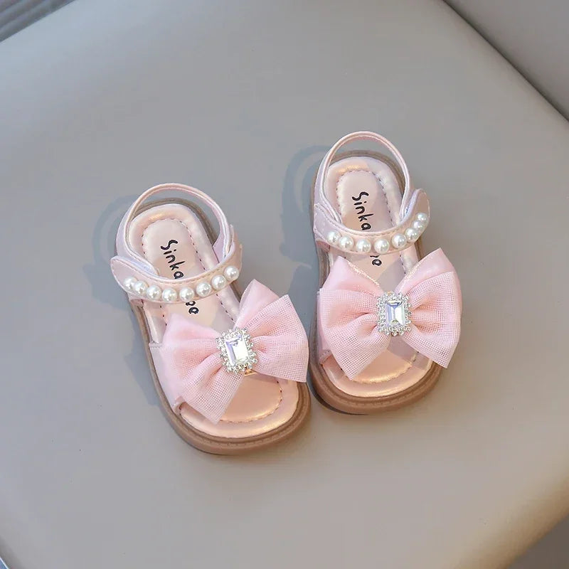 2025 Summer Brand New Girls Crystal Sandals Pearls Beading Fashion Kids Bow-knot Beach Rhinestone Princess Hot Sandals