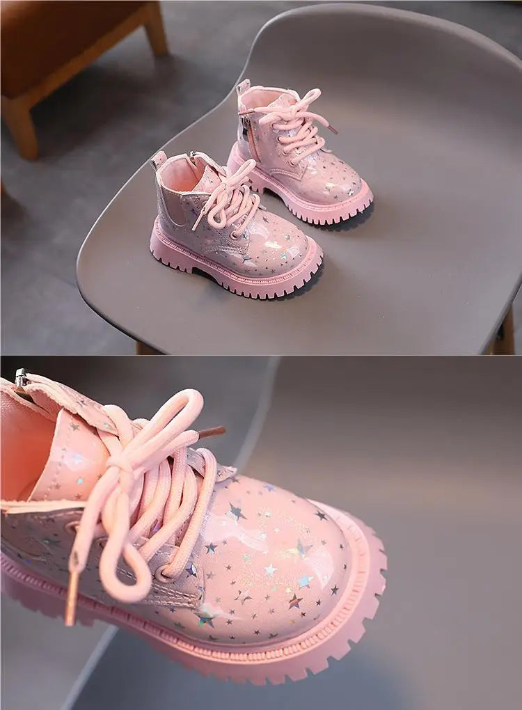 New Children Martine Boots Non-slip Soft Sole Walking Shoes PU Leather Sparkle Boots Lace Up Side Zipper Pure Color Casual Shoes