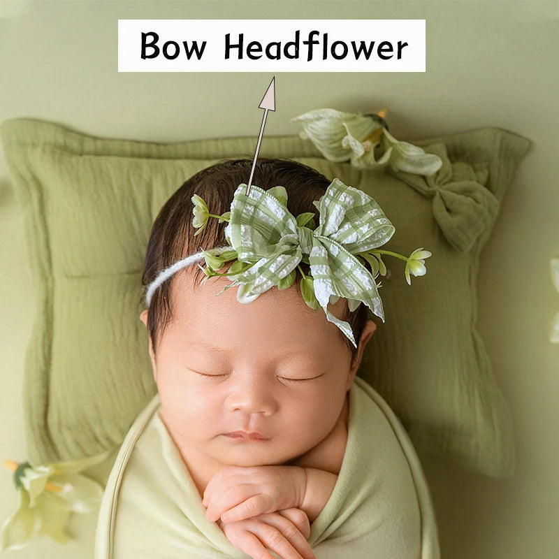 Newborn Baby Photography Props Infant Photoshoot Elastic Wrap Cloth Adjustable Bow Headflower Green Theme Baby Photo Accessories
