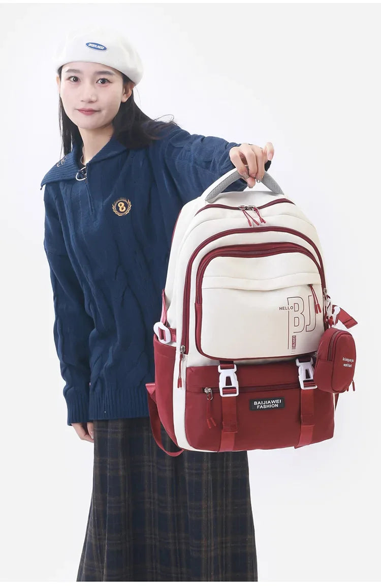 Macaron Color-Block Girls' School Backpack – Premium Large-Capacity Bag with Rainbow Zipper for Kids and Teen Students