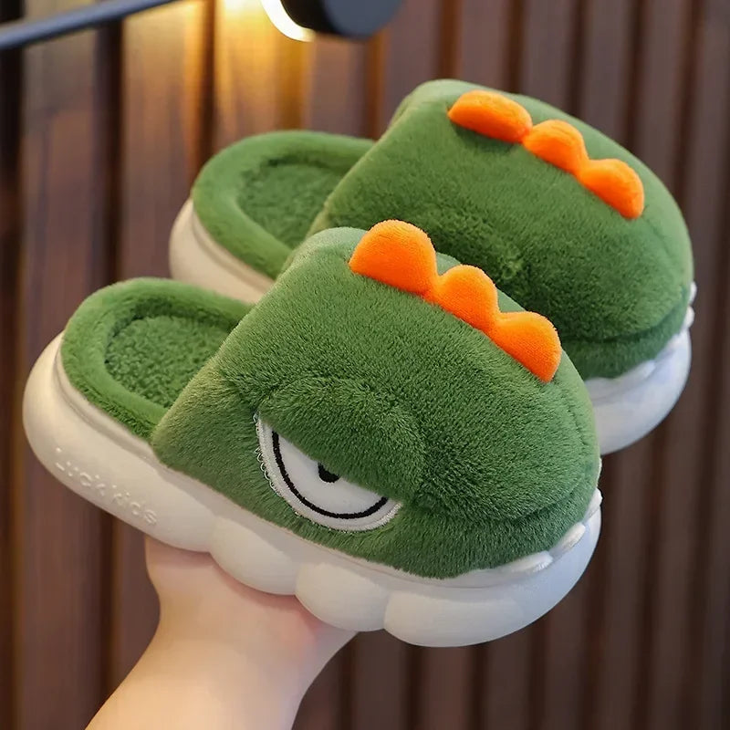 Cute Cartoon Dinosaur Children Plush Slippers Soft Sole Non-slip Winter Warm Baby Boys Girls Indoor Home Heel Wrap Cotton Shoes