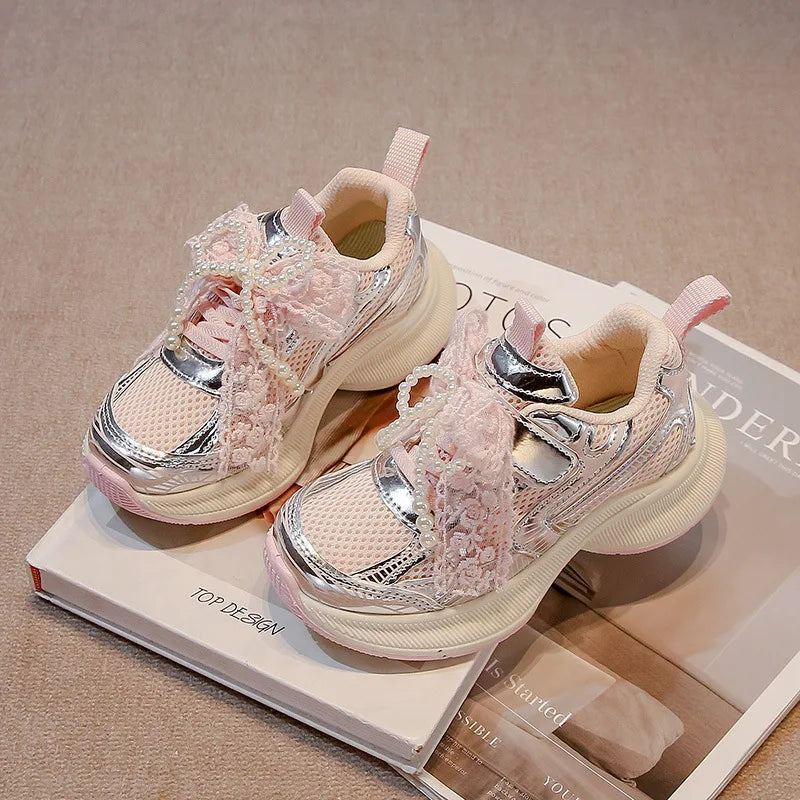 Girls Sneakers Princess Style Children Running Shoes Thick Soft Sole 2025 New Fashion Kids Sports Shoes Mesh Bows Sweet Cute