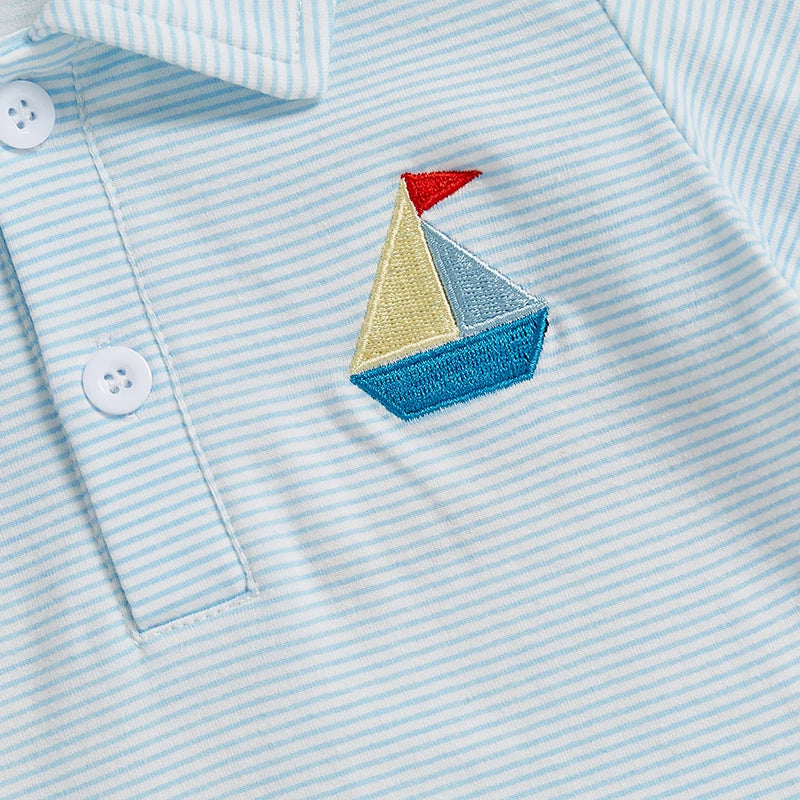 Boys Summer Outfit Sets with Short Sleeve Lapel Sailboat Embroidery Tops and Solid Color Shorts - Stylish and Comfortable