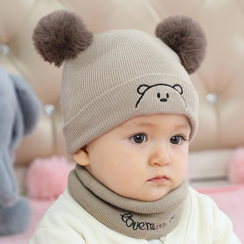 2pcs Winter Baby Hat Scarf Set Toddler Girl Boy Cap Knitted Beanie Fur Ball Cartoon Bear Snow Outfit Infant Accessories