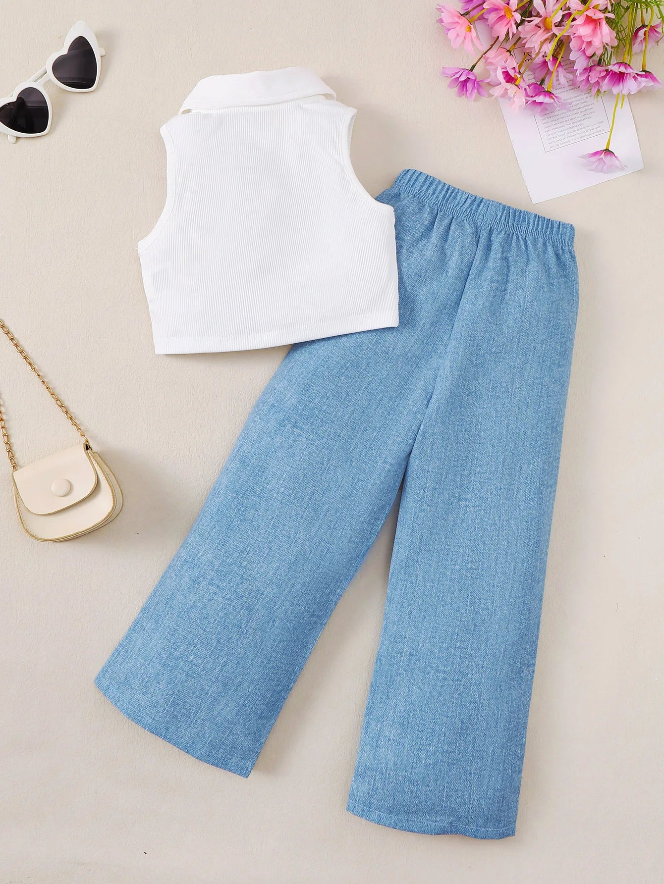Young Girls' Solid Color Casual Tank Top With Denim Look Floral Print Straight Pants, Summer