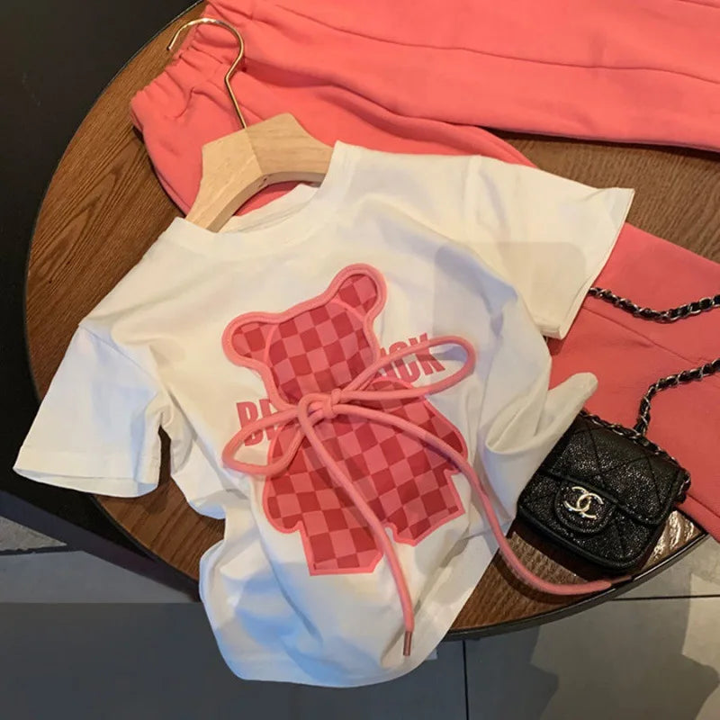 Summer Baby Girls Clothes Set Plaid Cartoon Bear Tshirts and Flared Pants Suiy Children Short Sleeve Top Bottom 2 Pcs Outfits
