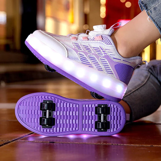 Children's Walking Shoes Girls 2025 New Rotary Buckle Flash Light Boy Student Four Wheel Roller Shoes Can Walk and Slide