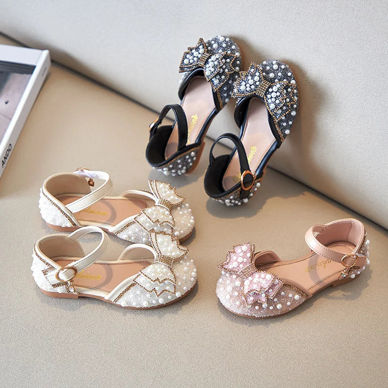 New Girl Sandals Cute Bow Pearl Sequins Kid Princess Shoes Flat Heels children Dancing Size 21-36