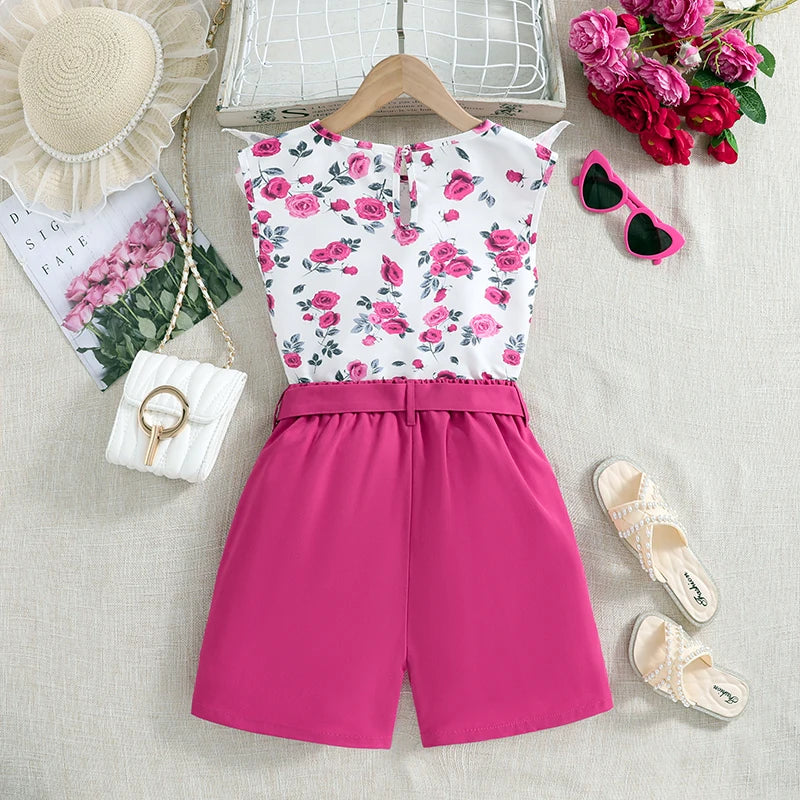 Kids Sets For Girls 8-12 Years White Print Sleeveless top + Pink Shorts Sweet Casual Style Summer Coolness 2Pcs set