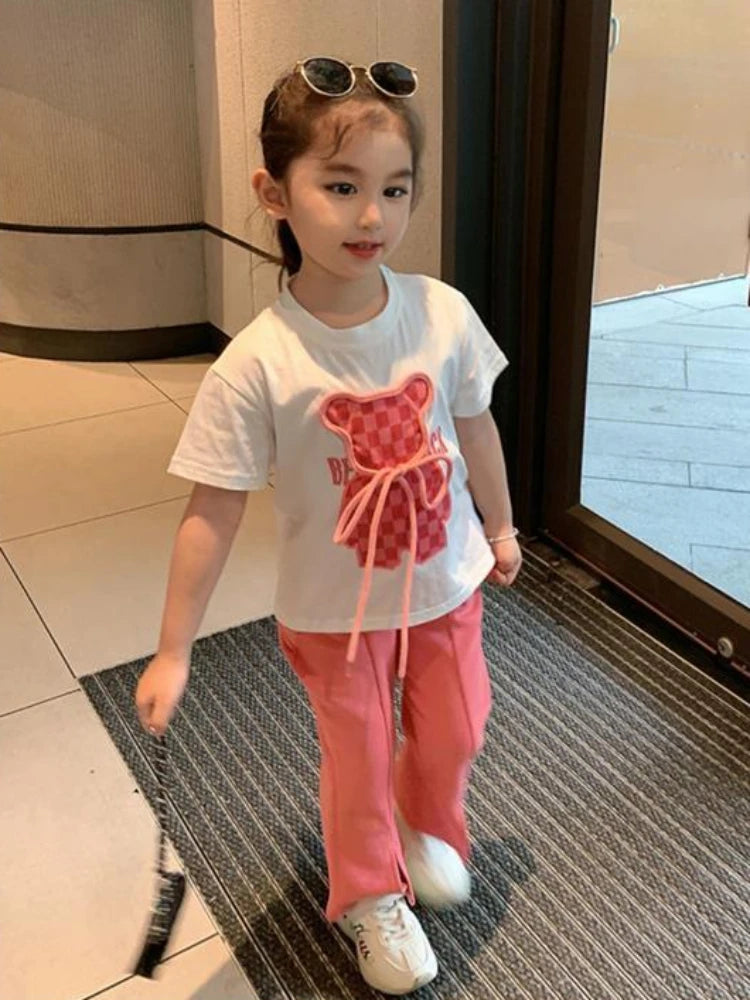 Summer Baby Girls Clothes Set Plaid Cartoon Bear Tshirts and Flared Pants Suiy Children Short Sleeve Top Bottom 2 Pcs Outfits