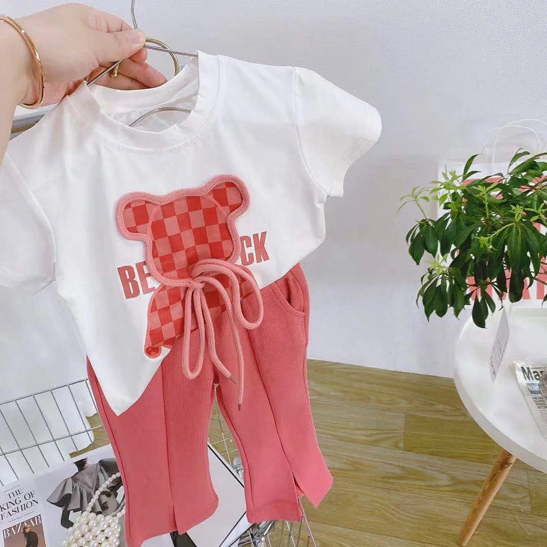 Summer Baby Girls Clothes Set Plaid Cartoon Bear Tshirts and Flared Pants Suiy Children Short Sleeve Top Bottom 2 Pcs Outfits