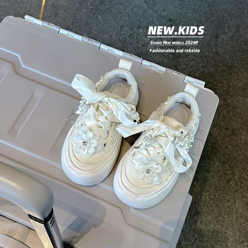 Girls Casual Shoes Chinese Style Kids Princess Shoes with Sweet Flowers 2024 Autumn New Girls Sports Shoes with Cute Ribbon Bow