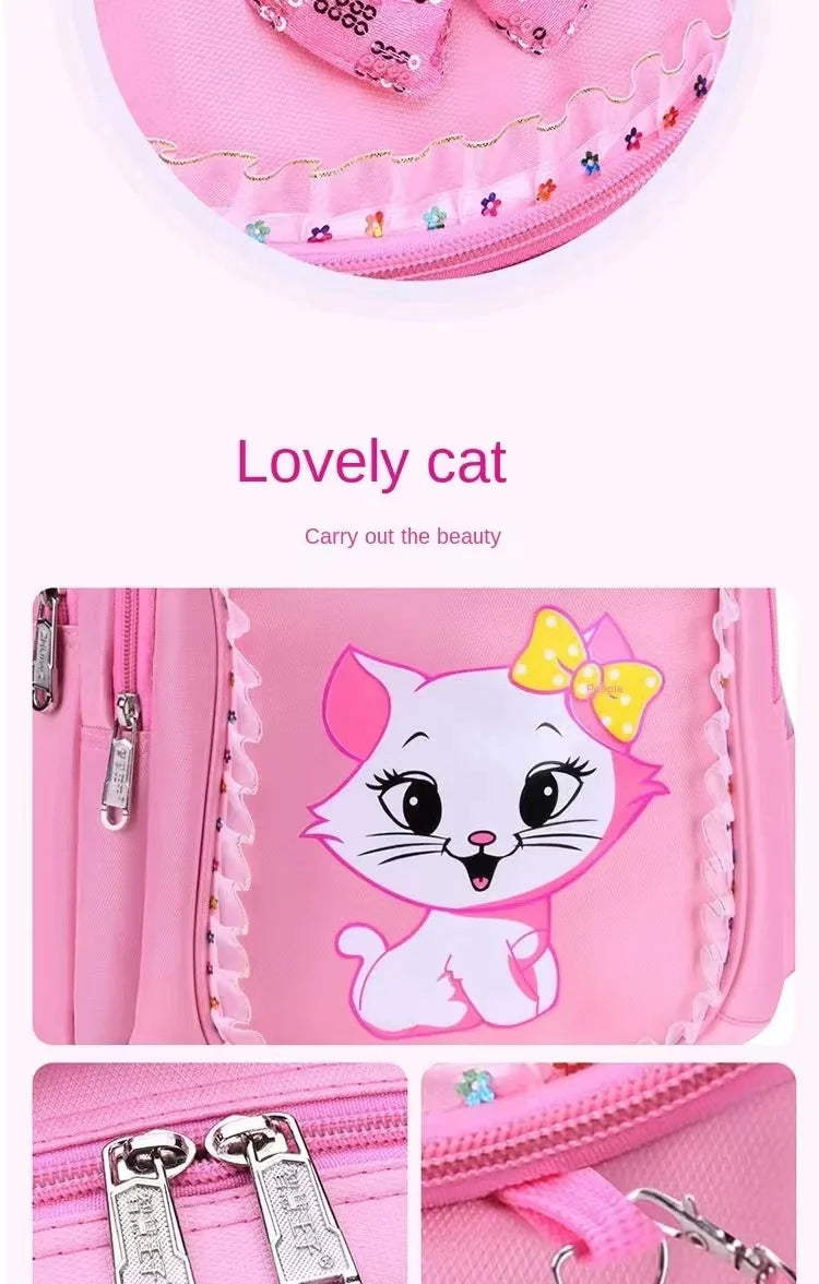 Pink Cat Backpack for Girls – Cute Bowknot Cartoon School Bag, Princess Style Bookbag for Kindergarten and Primary School