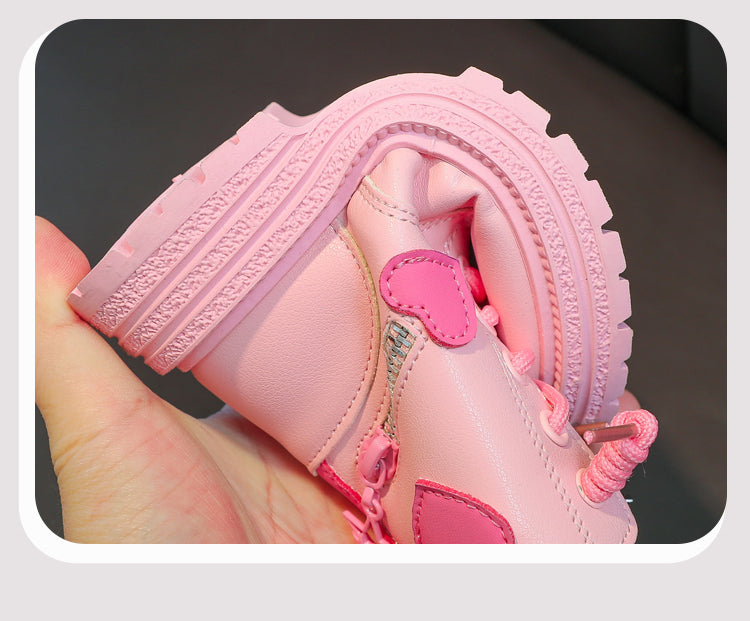 Girls' Fashion Rubber Boots – Autumn/Winter PU Round-Toe Boots with Soft Cotton Lining, Side Zip, and Heart Detail in Pink