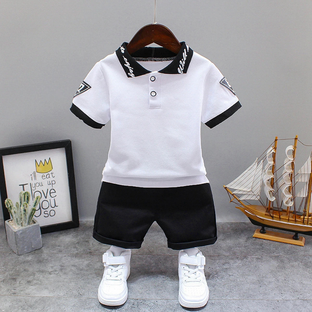 Summer Children Clothes Baby Boys Clothes Set Dinosaur Printed Turn-down Collar T-Shirts Tops+ Shorts 2PCS/Suit Infant Clothing