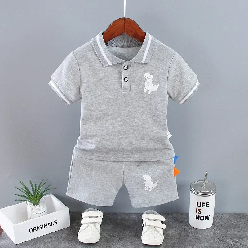 Summer Children Clothes Baby Boys Clothes Set Dinosaur Printed Turn-down Collar T-Shirts Tops+ Shorts 2PCS/Suit Infant Clothing