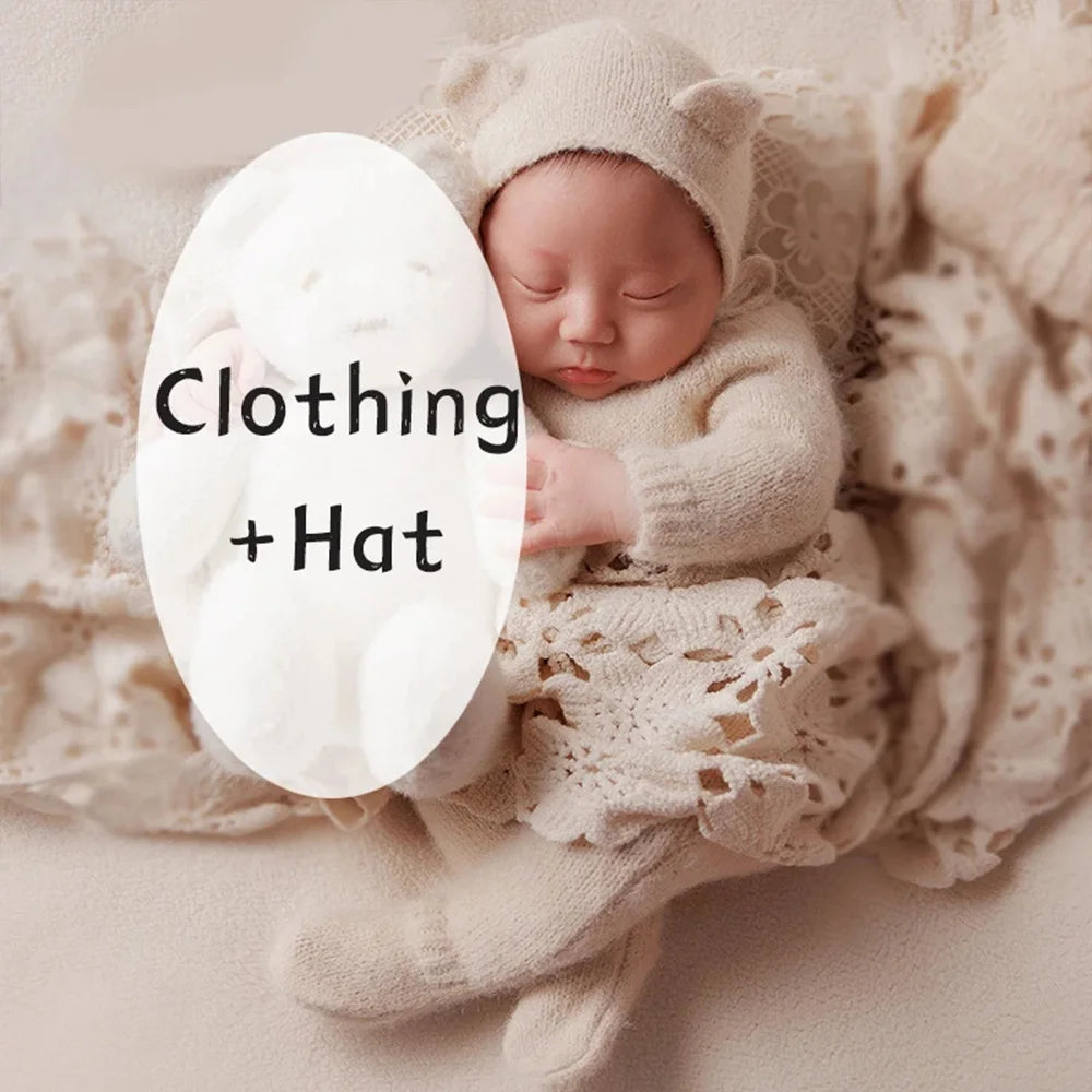 Baby Photography Costume Knitted Long-Sleeved Jumpsuit+Bear Ear Hat Teddy Bear Doll Photo Props Lace Pillow Shooting Accessories