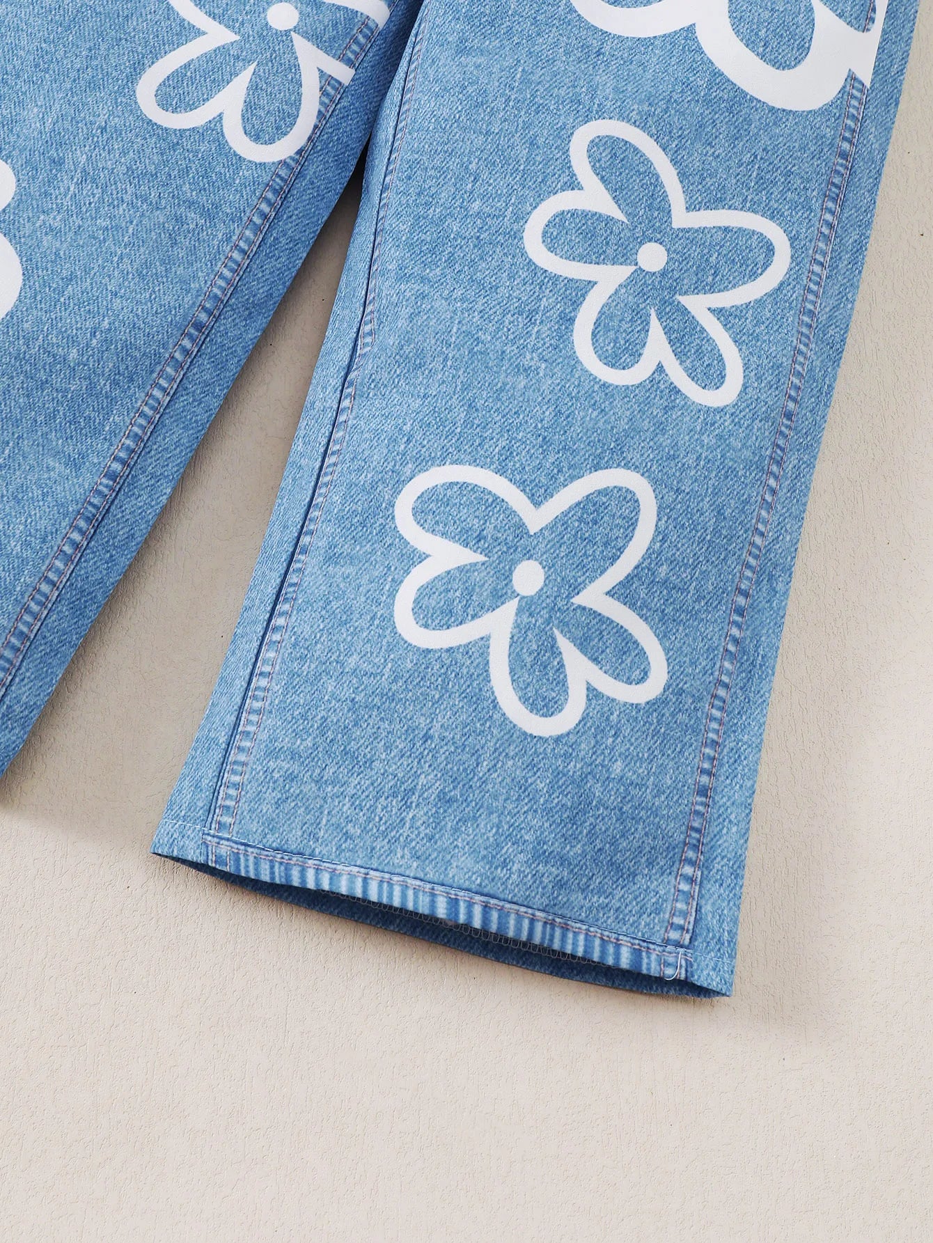Young Girls' Solid Color Casual Tank Top With Denim Look Floral Print Straight Pants, Summer