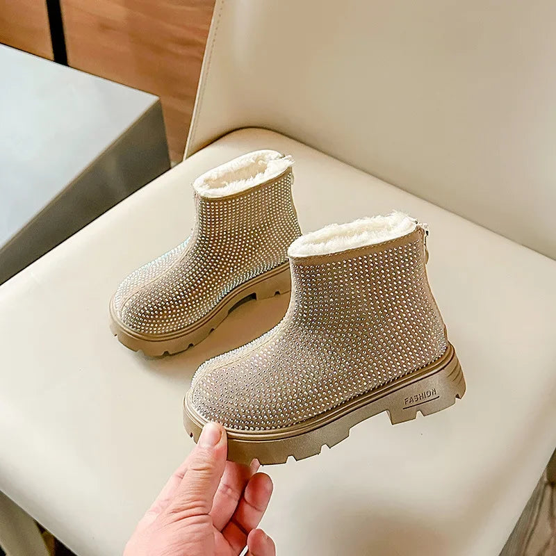 Fashion Girl Shoes New Versatile Comfort Ankle Boots Soft Sole Anti Slip Casual Rhinestone Winter Boot Warm Princess Kids Shoes