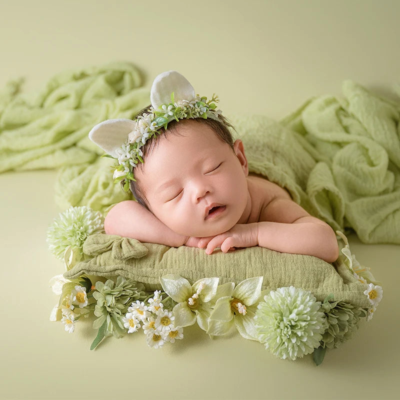 Newborn Baby Photography Props Infant Photoshoot Elastic Wrap Cloth Adjustable Bow Headflower Green Theme Baby Photo Accessories