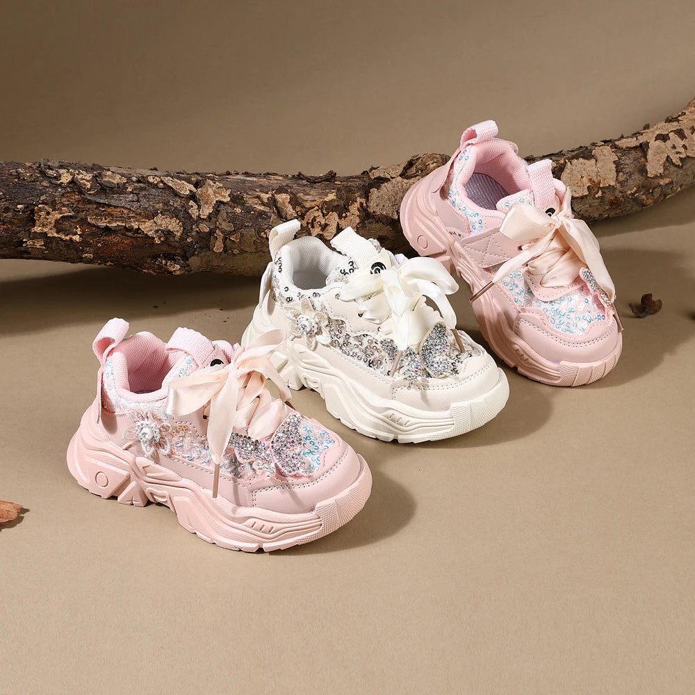 Children Shoes 2025 New Spring Toddler Girls Sport Shoes Bling Bling Soft Sole Breathable Outdoor Tennis Fashion Kids Sneakers