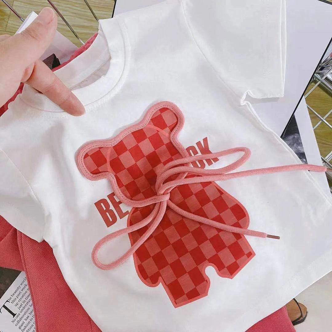 Summer Baby Girls Clothes Set Plaid Cartoon Bear Tshirts and Flared Pants Suiy Children Short Sleeve Top Bottom 2 Pcs Outfits