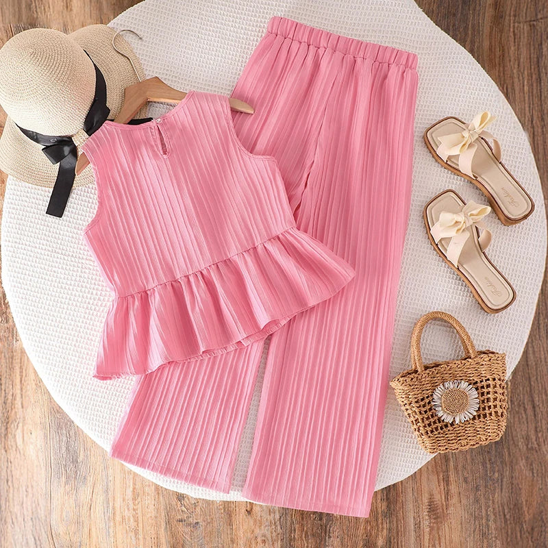 Summer Solid Color Pink Striped O-Neck Sleeveless Bowknot Top & Elastic Waist Pants For Girls 8-12 Years Korean Style Daliy Set