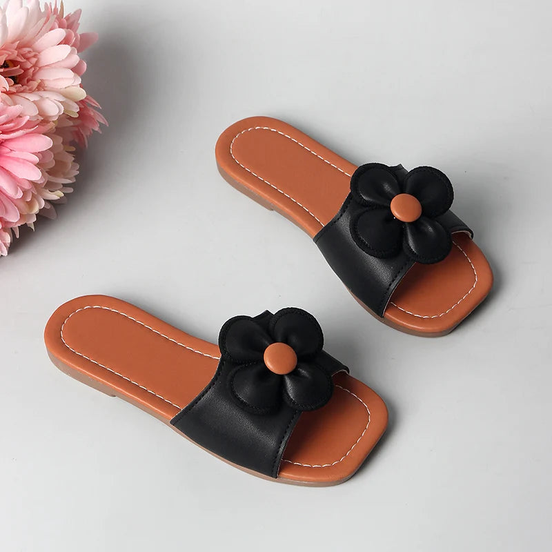 2025 Summer New Simple Kid's Slippers Flower Decoration Flat Bottom Non slip Beach Shoes Casual Children's Shoes 25-36