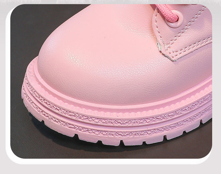 Girls' Fashion Rubber Boots – Autumn/Winter PU Round-Toe Boots with Soft Cotton Lining, Side Zip, and Heart Detail in Pink