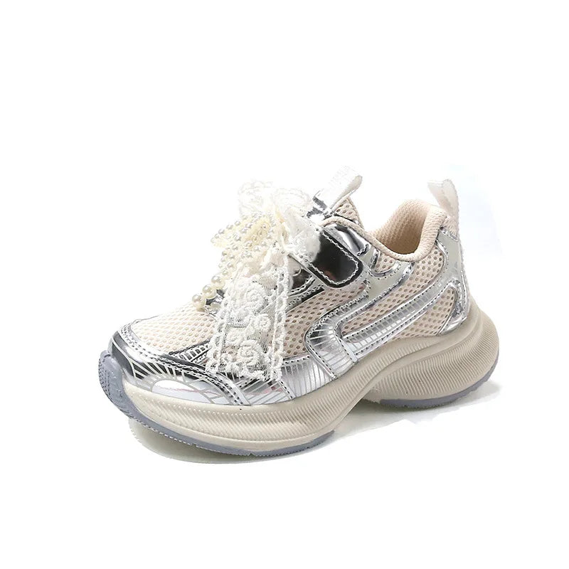 Girls Sneakers Princess Style Children Running Shoes Thick Soft Sole 2025 New Fashion Kids Sports Shoes Mesh Bows Sweet Cute