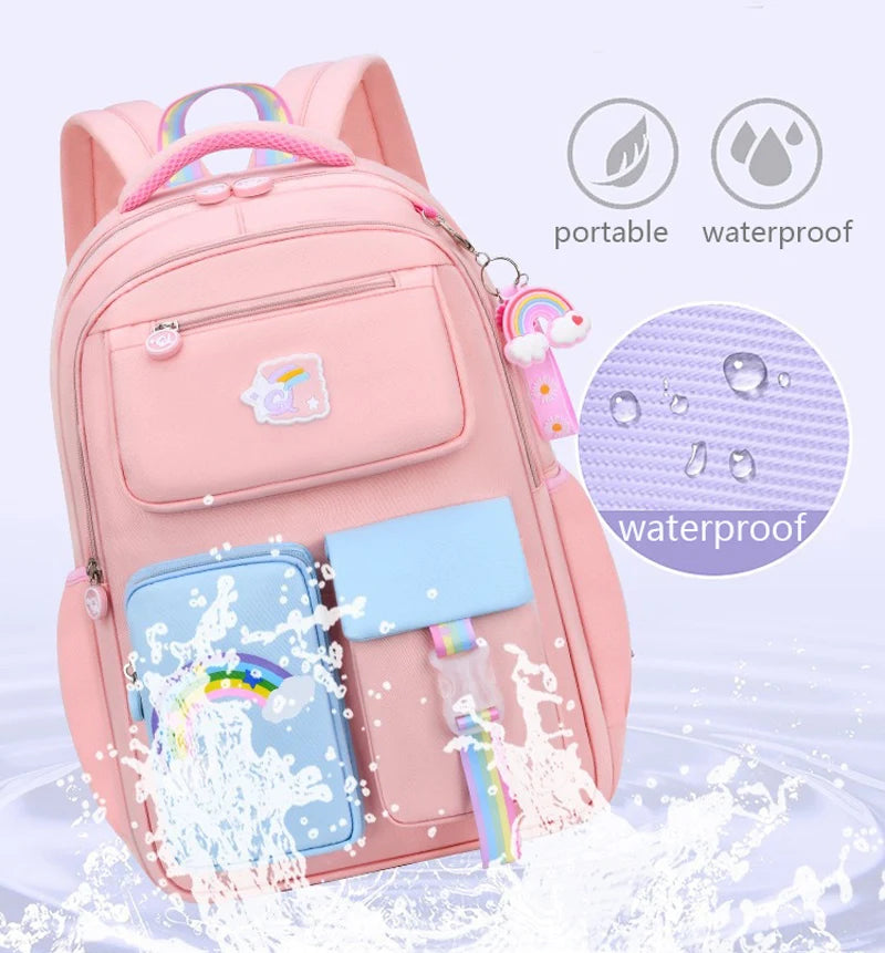 Premium Girls' School Backpack – Macaron Color-Block Design with Rainbow Zipper, Large Capacity Bag for Kids and Teens