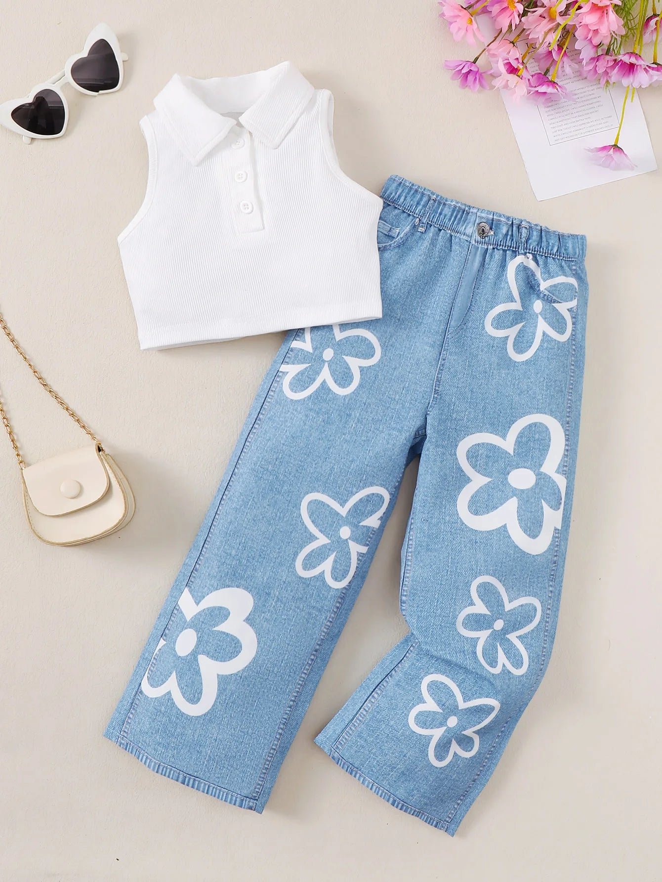Young Girls' Solid Color Casual Tank Top With Denim Look Floral Print Straight Pants, Summer