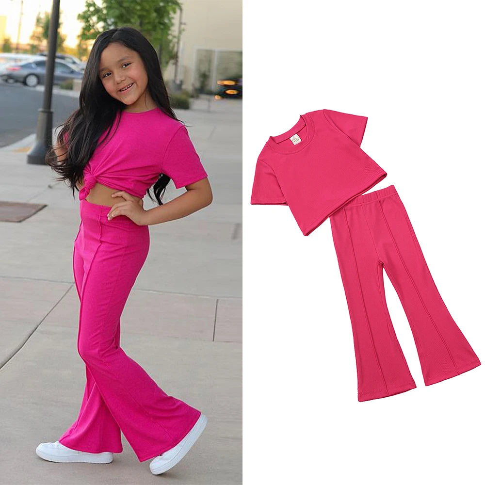 2025 Summer Girls Bell Bottom Outfits 2pcs Solid Cotton T-shirt Pants Suit For Children Teenage Girls Fashion Tracksuit Clothes