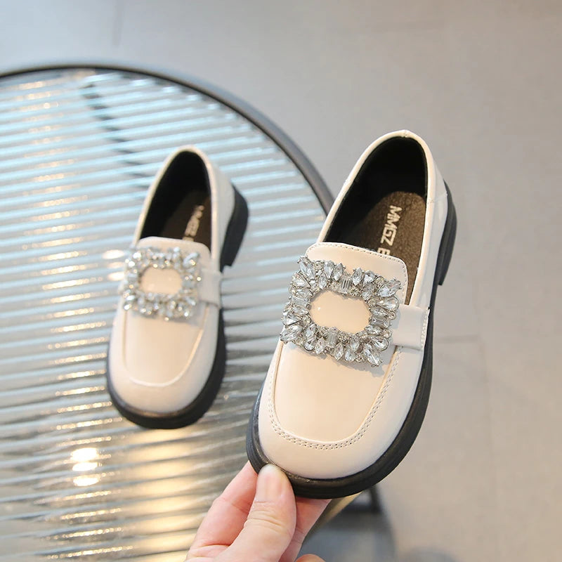 Girls Square Rhinestone Loafers Patent Leather Slip-on Shoes for Children British Black Loafers Platform Oxford Shoes Kids Flats