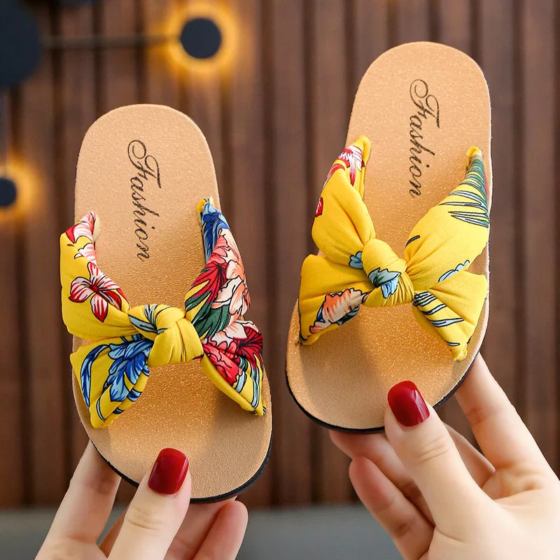 Child Slippers Summer Girl Shoes Printed Wave Point Dot Bow Sandals Lndoor Exposed toe Soft Bottom Casual Slippers Kid Sandals