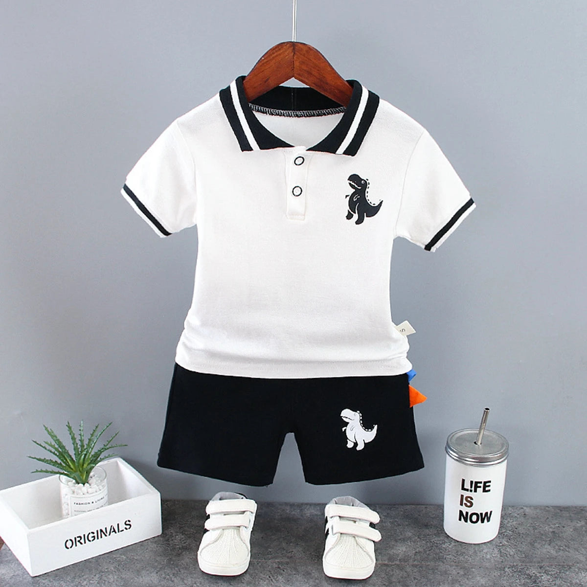 Summer Children Clothes Baby Boys Clothes Set Dinosaur Printed Turn-down Collar T-Shirts Tops+ Shorts 2PCS/Suit Infant Clothing
