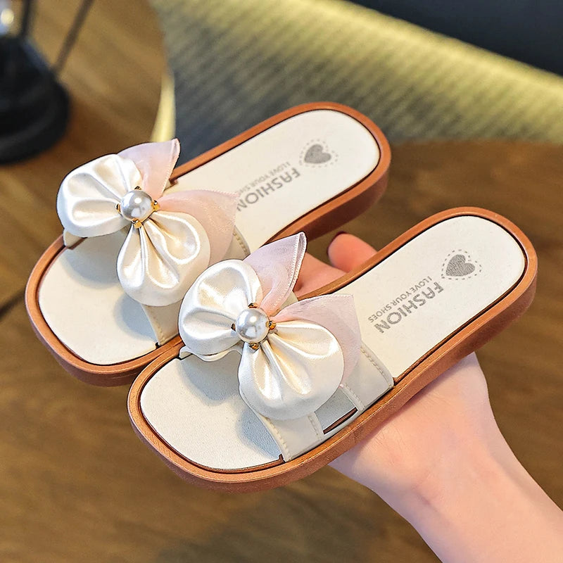 New mesh pearl butterfly casual spring and summer slippers for girls, indoor and outdoor beach exposed toe comfortable sandals