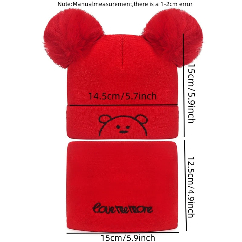 2pcs Winter Baby Hat Scarf Set Toddler Girl Boy Cap Knitted Beanie Fur Ball Cartoon Bear Snow Outfit Infant Accessories