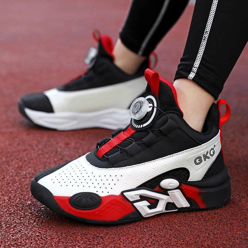 Children's Training Basketball Shoes Boys' Spring New Rotating Buckle Sneakers Youth Fashion Leather Breathable Footwear 32-41