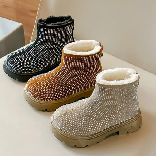 Fashion Girl Shoes New Versatile Comfort Ankle Boots Soft Sole Anti Slip Casual Rhinestone Winter Boot Warm Princess Kids Shoes