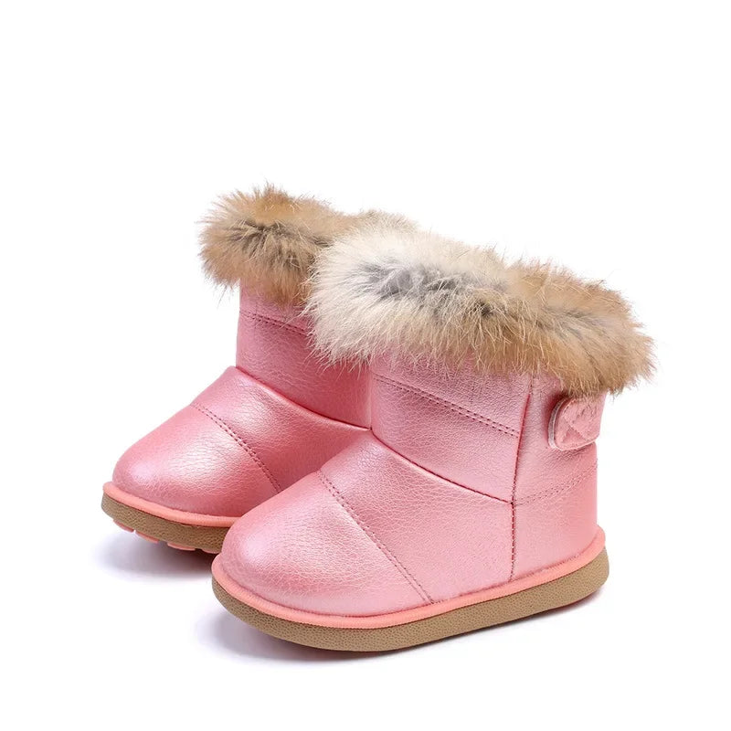 New Winter Baby Girls Boots Casual Warm Rabbit Fur Mid-Calf Boots Shoes Child Slip-On Round Toe Platform Snow Boots Shoes H01259