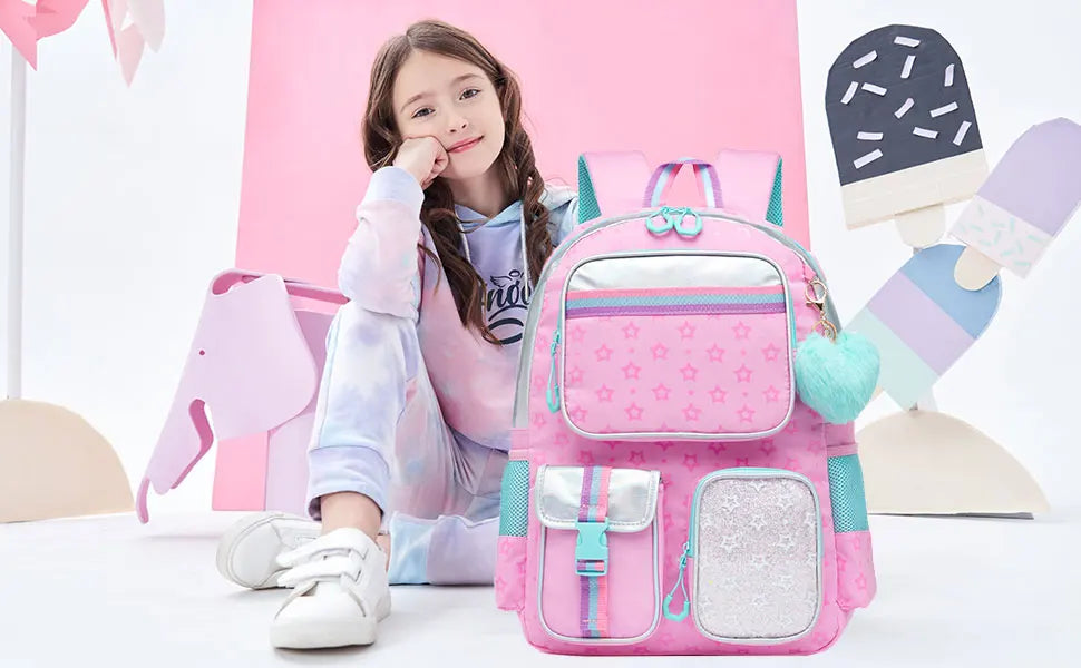 Girls' Macaron Color-Block School Backpack – Large-Capacity, Premium Bag with Rainbow Zipper for Kids and Teens