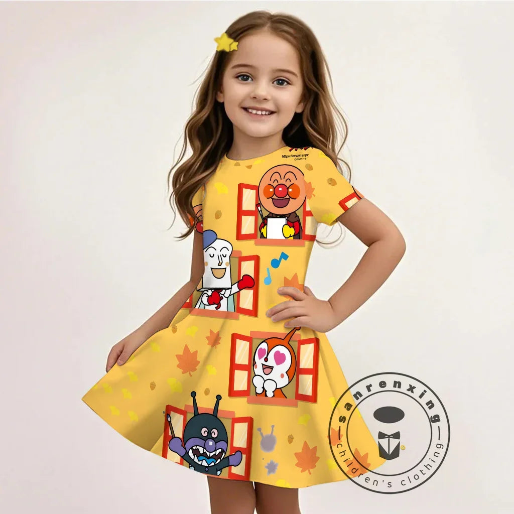 Summer Girls Cartoon Anpanman Printed Dress Kids Fashion One-piece Dress Girls Daily Casual Short Sleeve Clothing Outfit